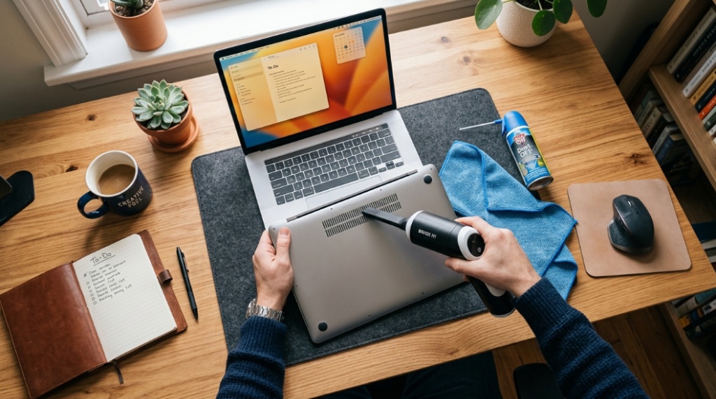 A person using a portable mini vacuum to clean side vents of a laptop on a clean wooden workspace.