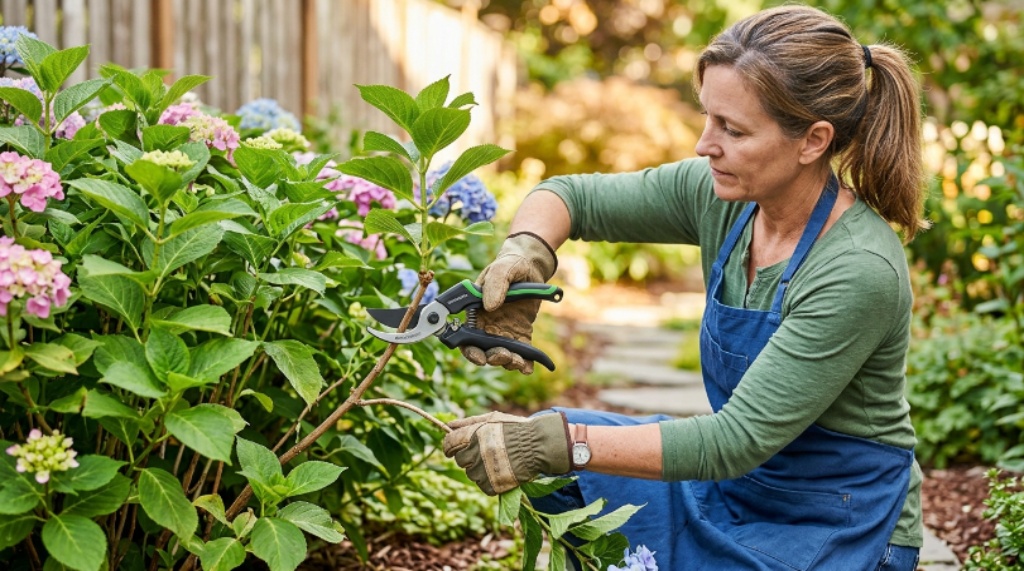 Gardener using ergonomic garden tools to prune a shrub, showing contoured handles and bypass blade mechanism in action