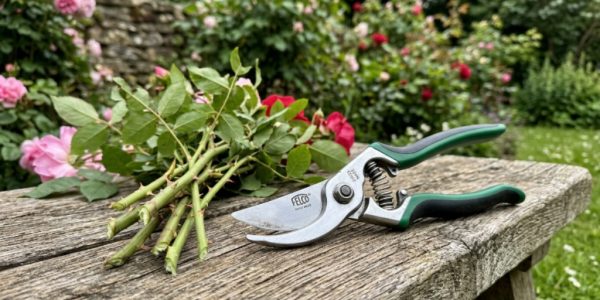 Close-up of rust resistant pruning shears with stainless steel blades resting on a wooden garden bench beside trimmed rose stems
