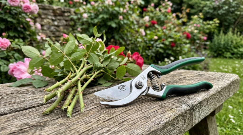 Close-up of rust resistant pruning shears with stainless steel blades resting on a wooden garden bench beside trimmed rose stems