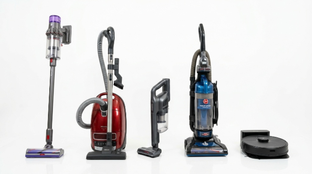 Collection of different vacuum cleaner types including cordless, canister, and robot vacuum on a clean white background
