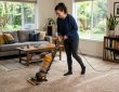 Person using an upright vacuum cleaner on a carpeted living room floor