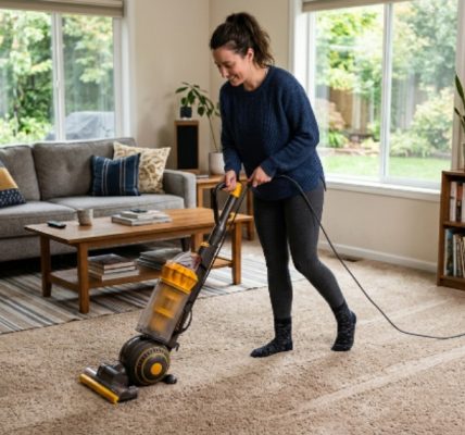 Person using an upright vacuum cleaner on a carpeted living room floor