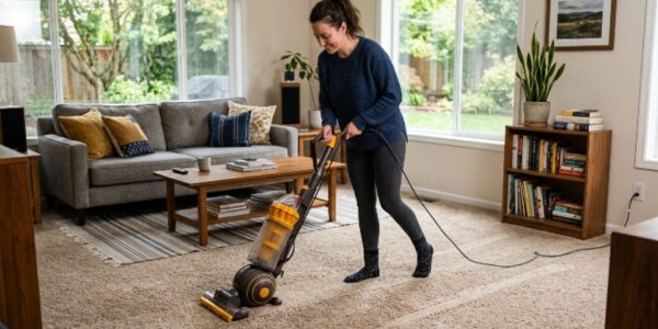 Person using an upright vacuum cleaner on a carpeted living room floor