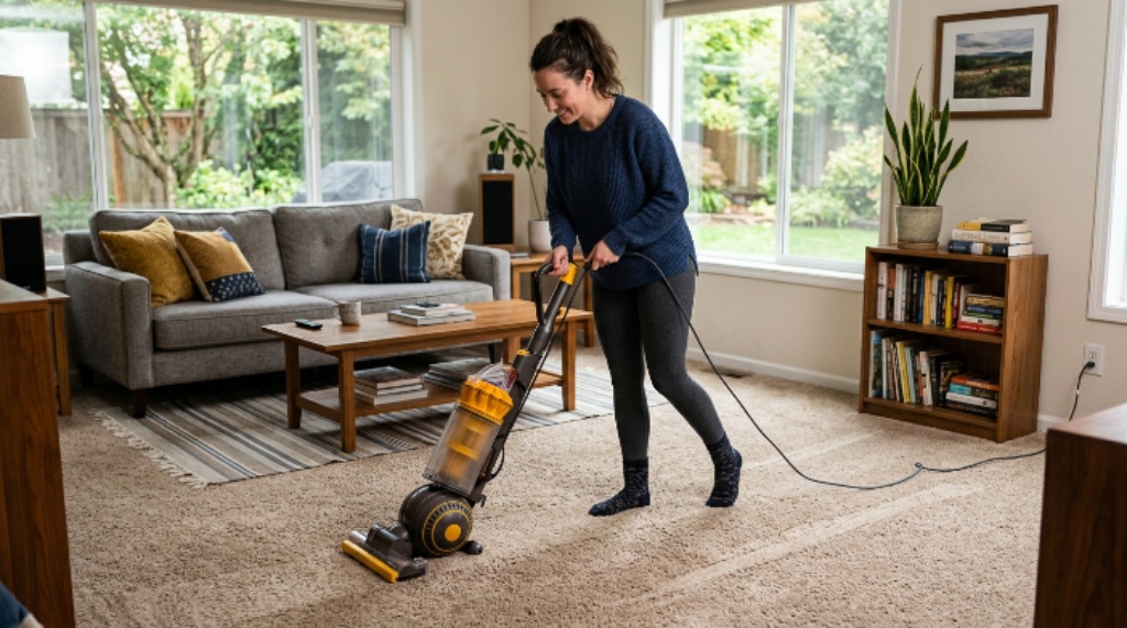 Person using an upright vacuum cleaner on a carpeted living room floor