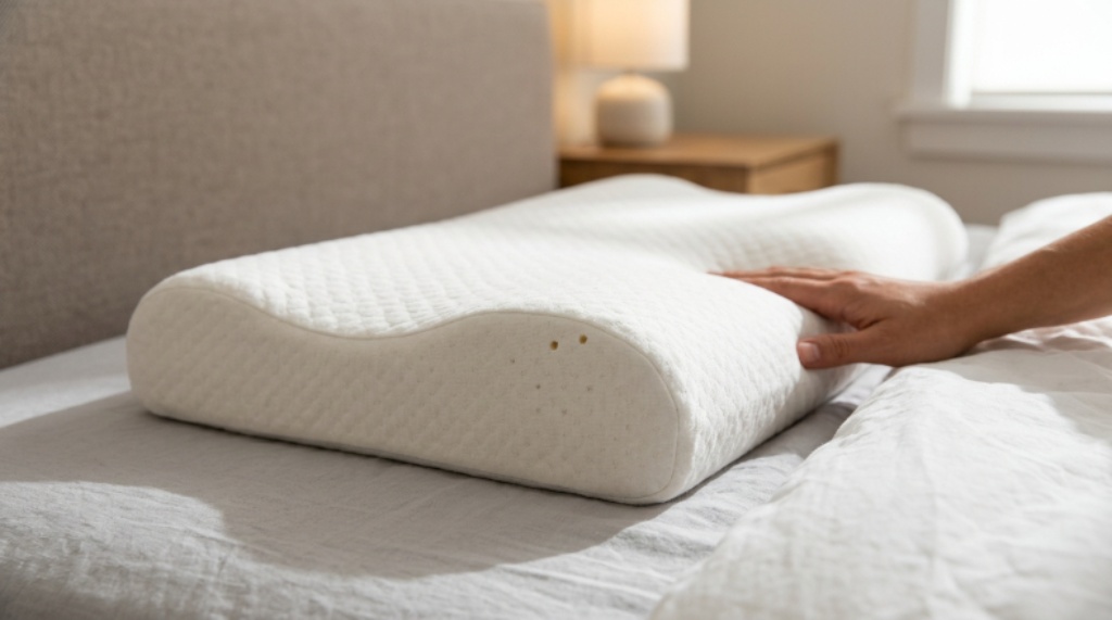 Close-up of a contoured latex pillow on a bed showing its supportive loft height for side sleepers