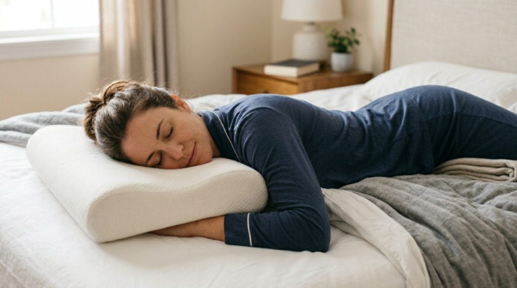 A side sleeper resting comfortably on a white latex pillow with proper neck and spinal alignment