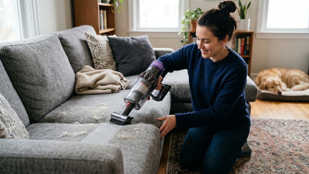Close-up of a motorized vacuum brush attachment lifting embedded dog hair from a microfiber sofa cushion