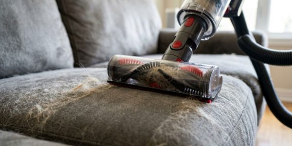 A person using a handheld vacuum with an upholstery attachment to remove pet hair from a gray fabric couch
