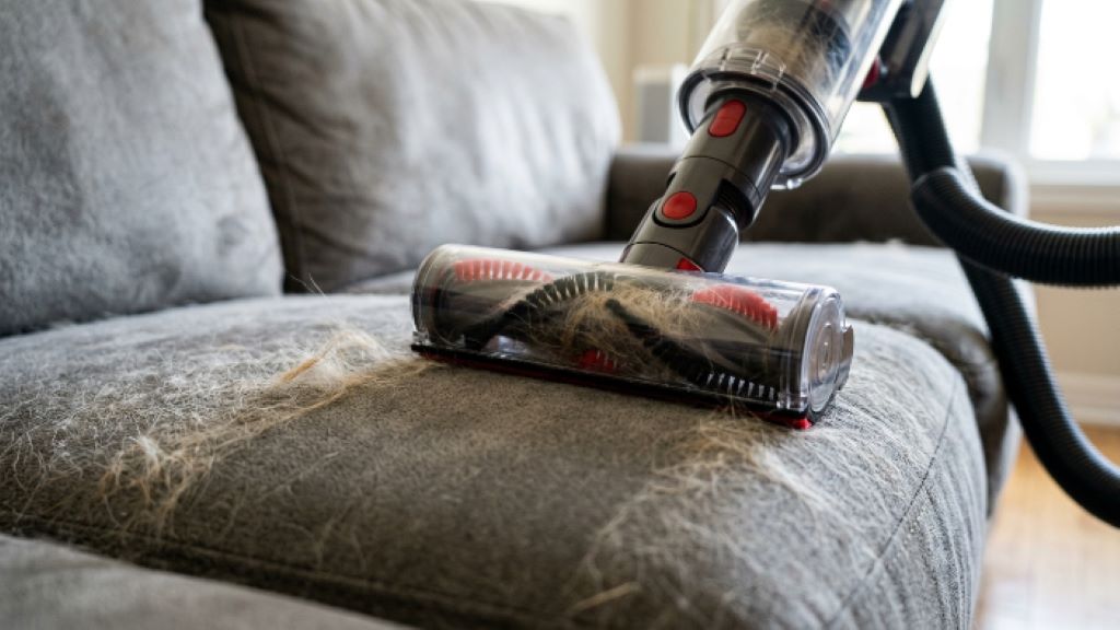 A person using a handheld vacuum with an upholstery attachment to remove pet hair from a gray fabric couch