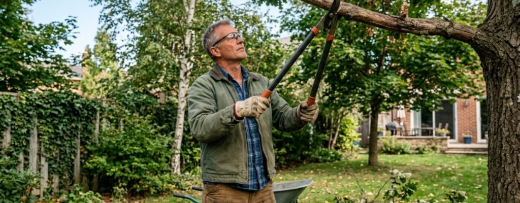 Gardener using long handle loppers to trim thick tree branches in a backyard