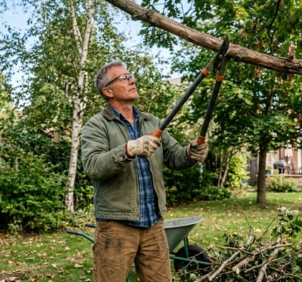 Gardener using long handle loppers to trim thick tree branches in a backyard