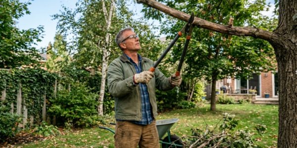 Gardener using long handle loppers to trim thick tree branches in a backyard
