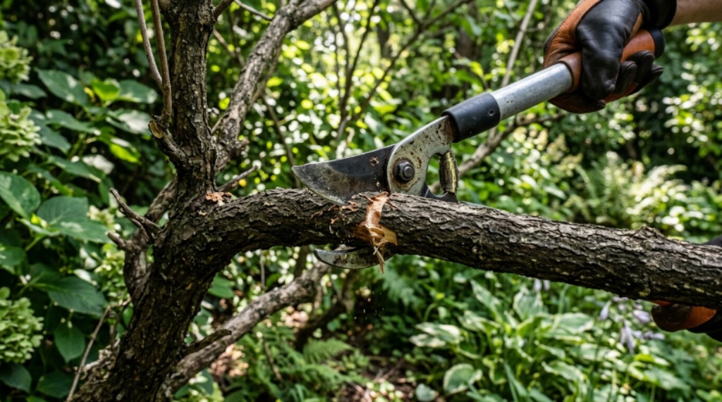 Close-up of bypass lopper blades cutting a thick woody branch in a garden