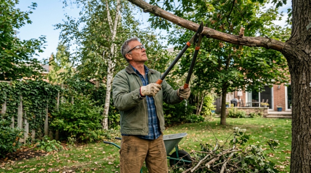Gardener using long handle loppers to trim thick tree branches in a backyard