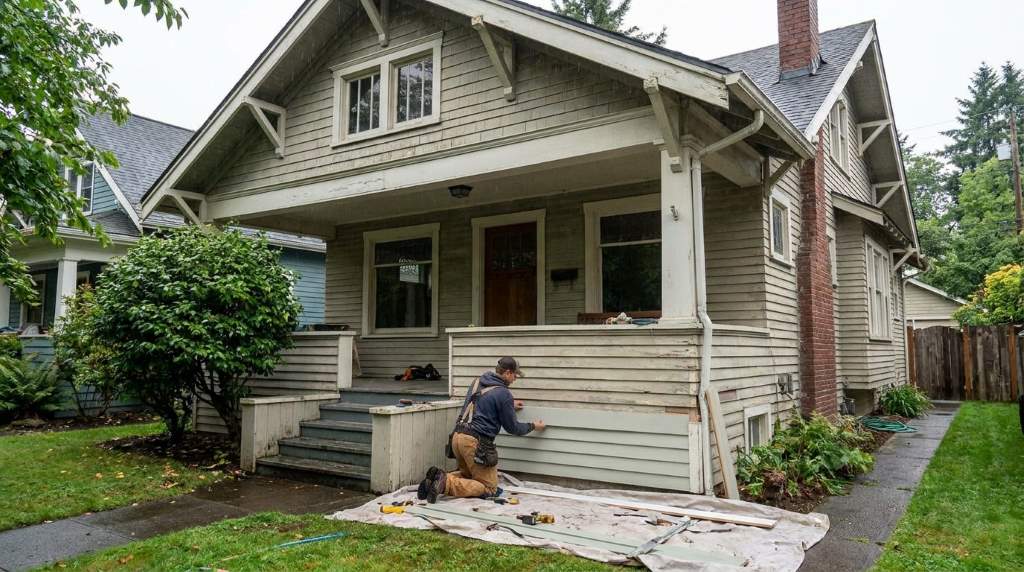 Professional siding replacement process on residential house in Portland OR