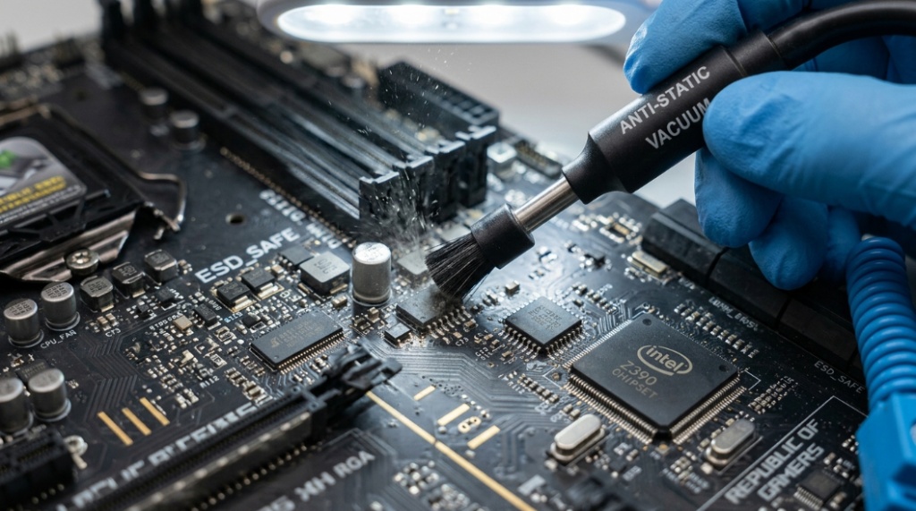 Macro shot of an anti-static vacuum nozzle removing dust from a green circuit board and PC components.