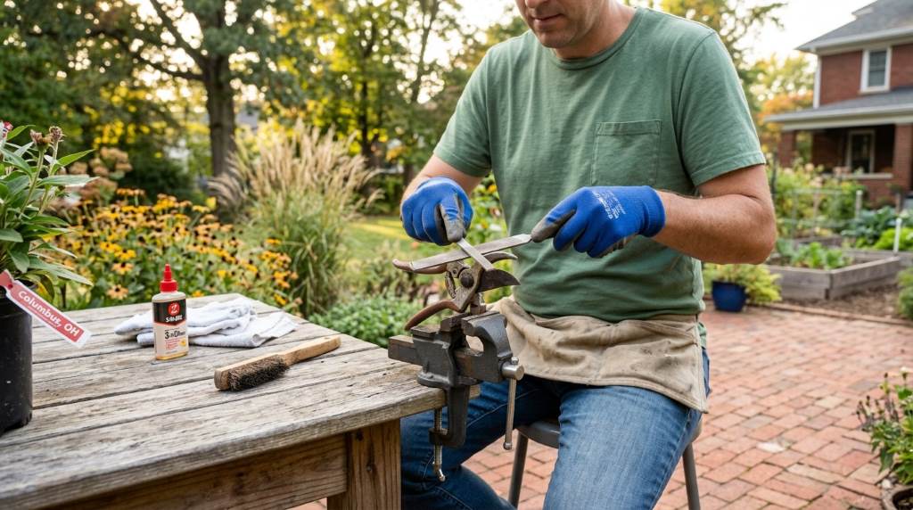 Sharp garden pruning shears and shovel prepared for spring gardening