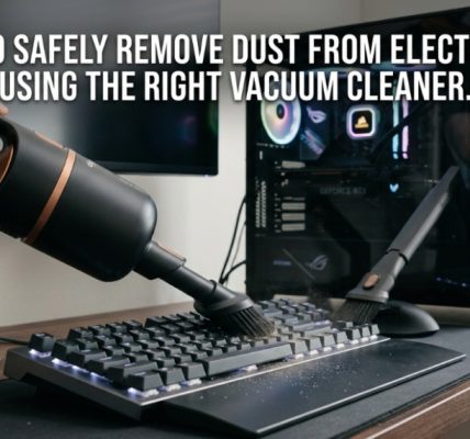 Handheld vacuum cleaning a mechanical keyboard with article title overlay for electronic safety.