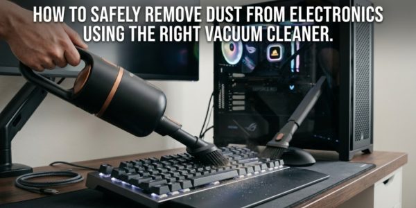 Handheld vacuum cleaning a mechanical keyboard with article title overlay for electronic safety.