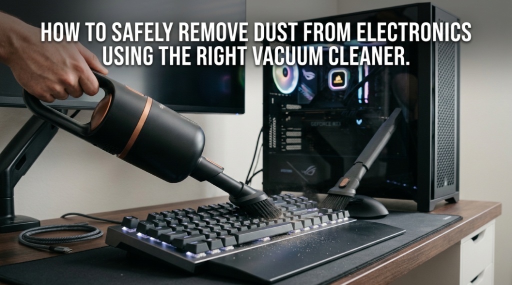 Handheld vacuum cleaning a mechanical keyboard with article title overlay for electronic safety.