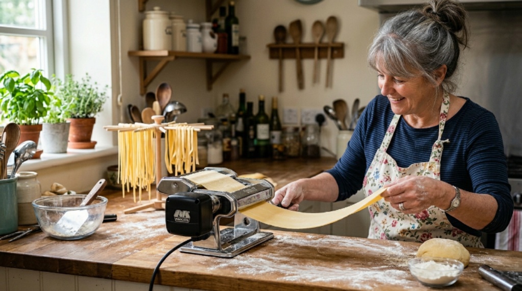 Home cook using an electric pasta maker to roll fresh pasta dough into thin sheets
