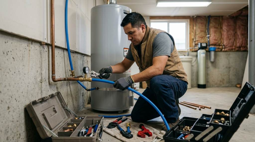 a plumber using transition fittings to connect PVC pipe to an existing galvanized steel water line