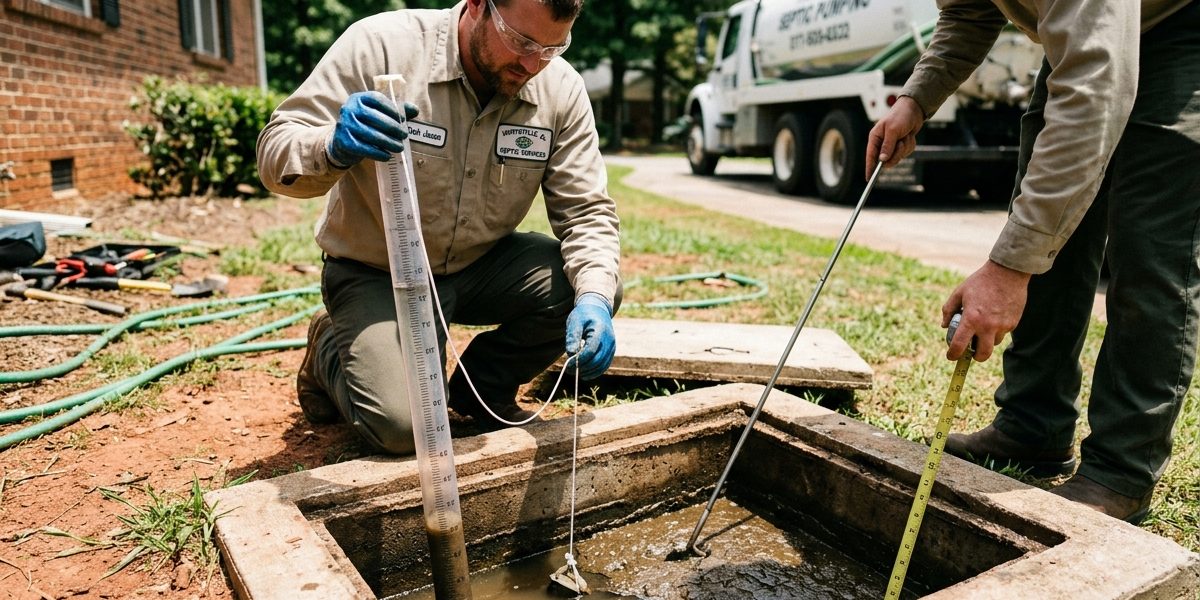 Huntsville, AL septic pros measure sludge with a Sludge Judge (clear pipe) and scum using a stick with a hinged flap. Get precise tank levels.