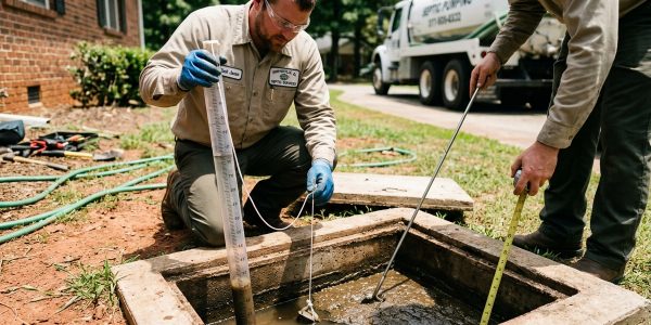 Huntsville, AL septic pros measure sludge with a Sludge Judge (clear pipe) and scum using a stick with a hinged flap. Get precise tank levels.