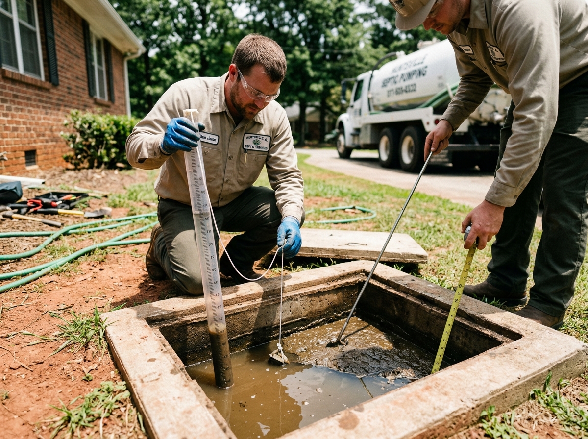 Huntsville, AL septic pros measure sludge with a Sludge Judge (clear pipe) and scum using a stick with a hinged flap. Get precise tank levels.