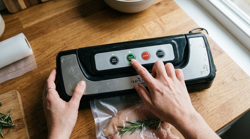 Hands pressing buttons on an affordable kitchen vacuum sealing appliance.