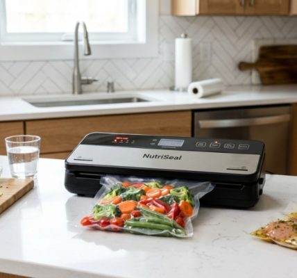 Budget vacuum sealer machine packaging fresh vegetables on a kitchen counter.