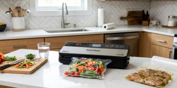 Budget vacuum sealer machine packaging fresh vegetables on a kitchen counter.