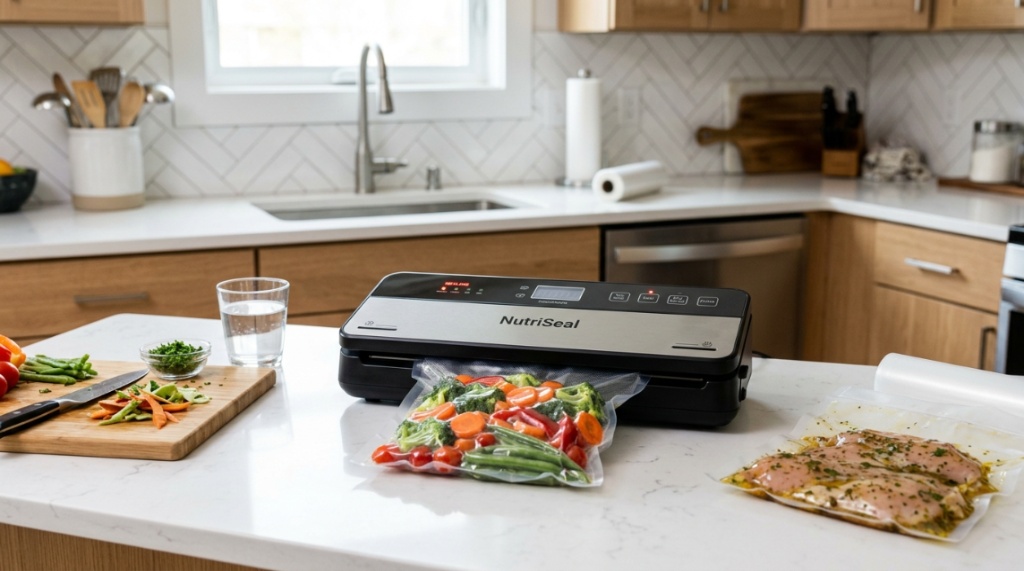 Budget vacuum sealer machine packaging fresh vegetables on a kitchen counter.