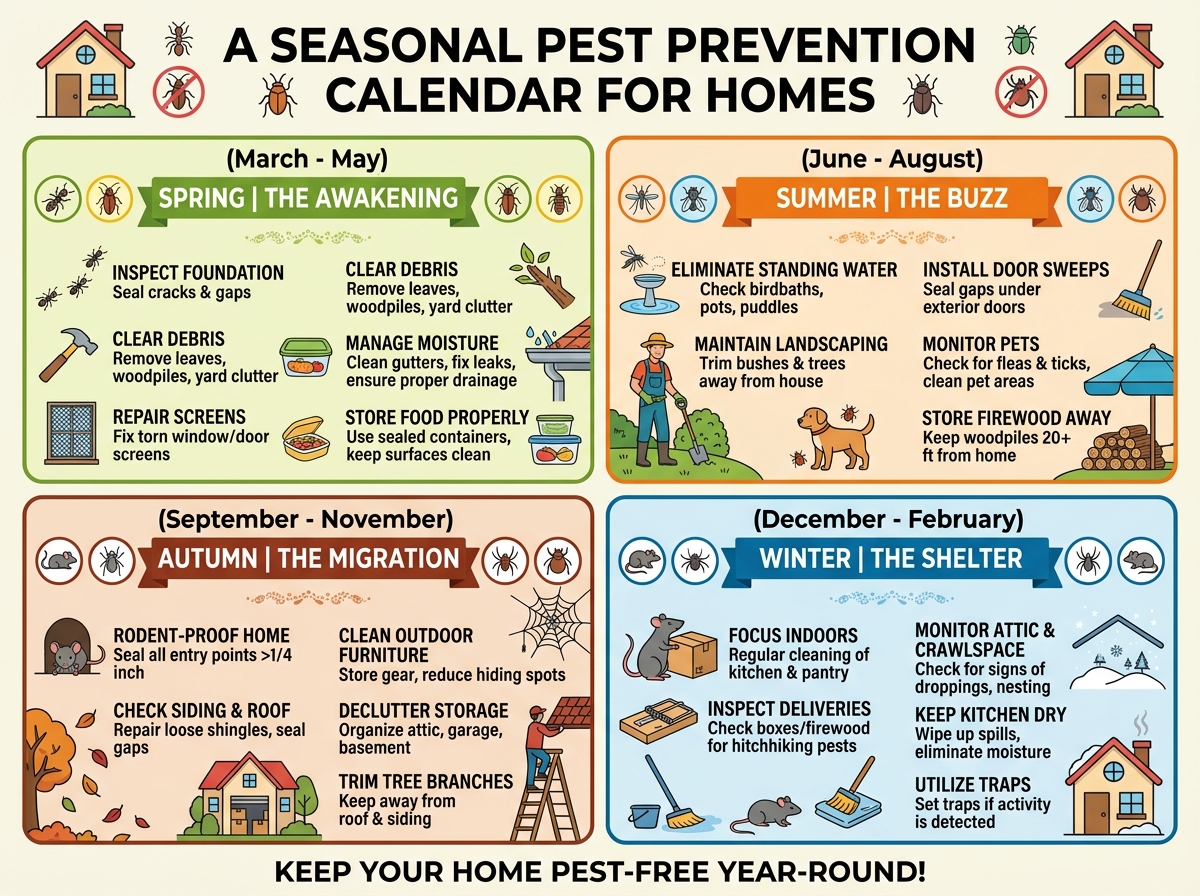Keep your home pest-free year-round! Explore our seasonal pest prevention calendar for expert tips on stopping bugs and rodents before they get inside.