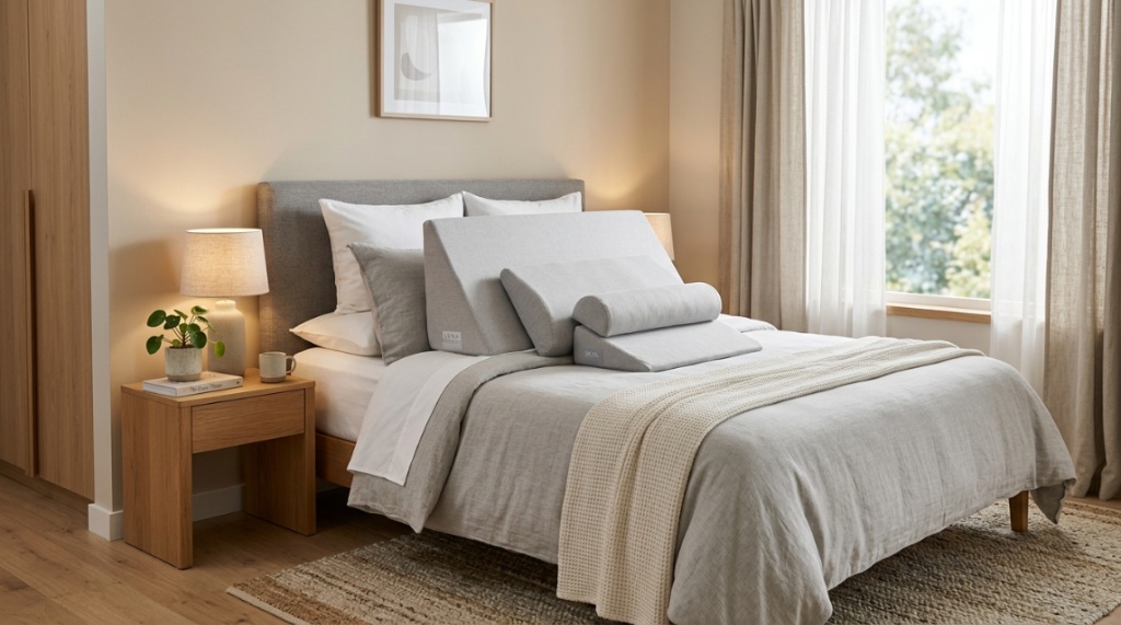 Person relaxing in bed supported by an ergonomic wedge pillow system.