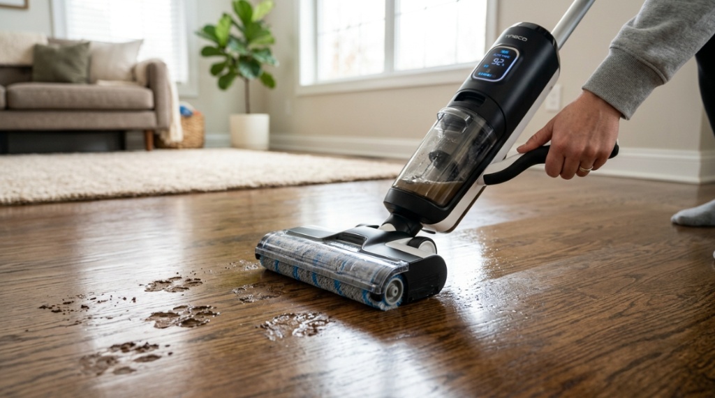 Close-up of a wet dry mop roller lifting pet hair.