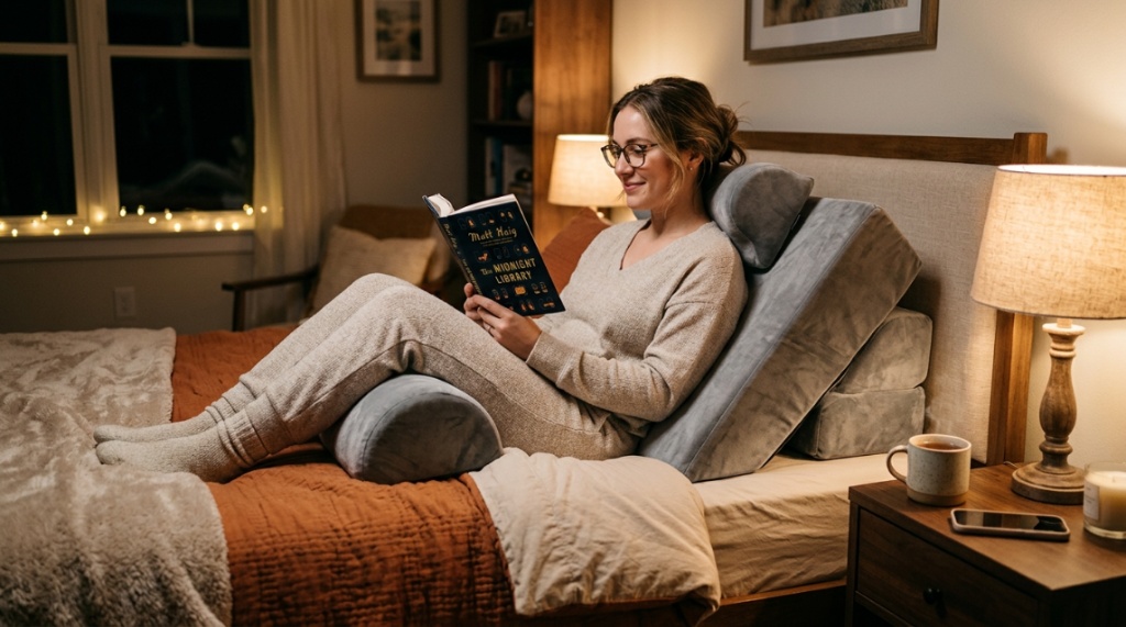 A multi-piece adjustable wedge pillow set arranged on a neatly made bed.