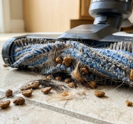 Modern wet dry mop cleaning muddy paw prints off hardwood floor.