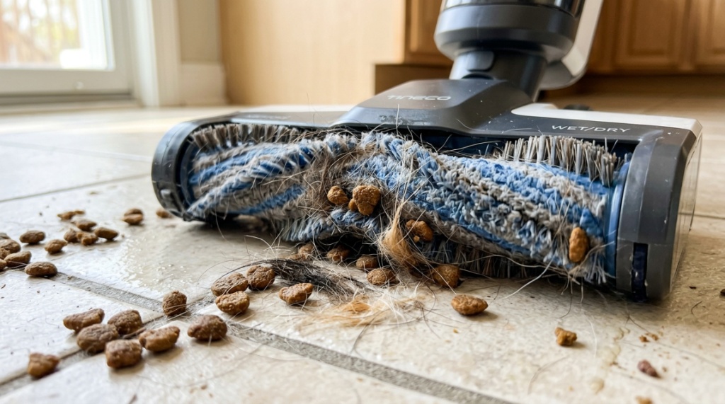 Modern wet dry mop cleaning muddy paw prints off hardwood floor.
