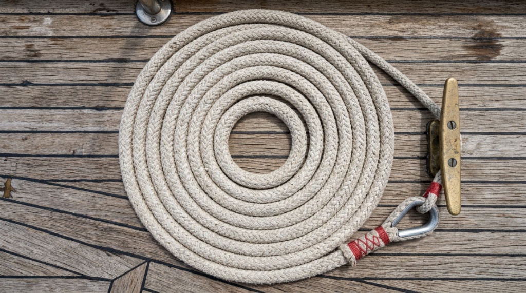 Sailor tying a secure knot in a white anchor rope.